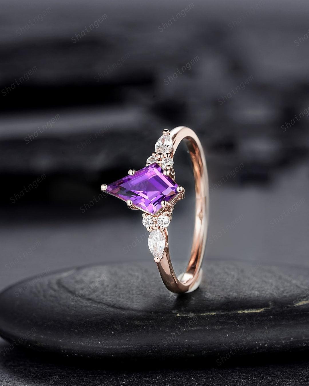 3PCS Vintage Kite Cut Natural Amethyst Engagement Ring Set, V Shape Rose Gold Purple Amethyst Promise Ring, Wedding Ring Gift for Women - ShainJewelry