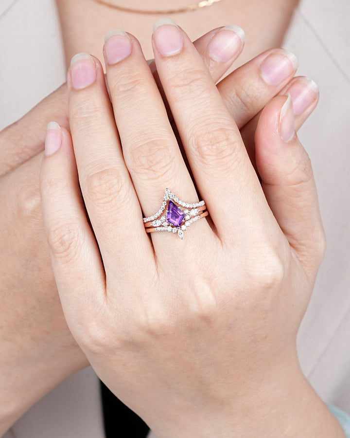 3PCS Vintage Kite Cut Natural Amethyst Engagement Ring Set, V Shape Rose Gold Purple Amethyst Promise Ring, Wedding Ring Gift for Women - ShainJewelry