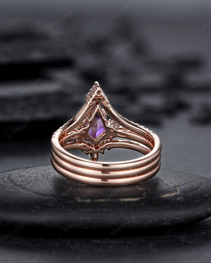 3PCS Vintage Kite Cut Natural Amethyst Engagement Ring Set, V Shape Rose Gold Purple Amethyst Promise Ring, Wedding Ring Gift for Women - ShainJewelry