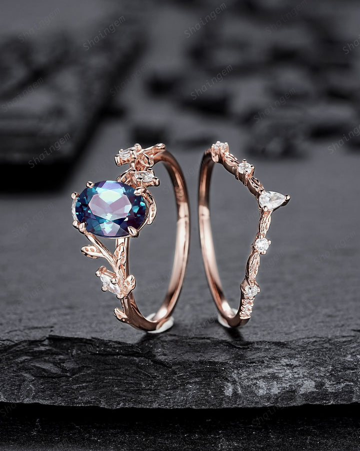 Nature Inspired Alexandrite Leaf Engagement Ring Set, Oval Cut June Birthstone Rose Gold Wedding Set Twig Branch Bridal Set Anniversary Ring - ShainJewelry