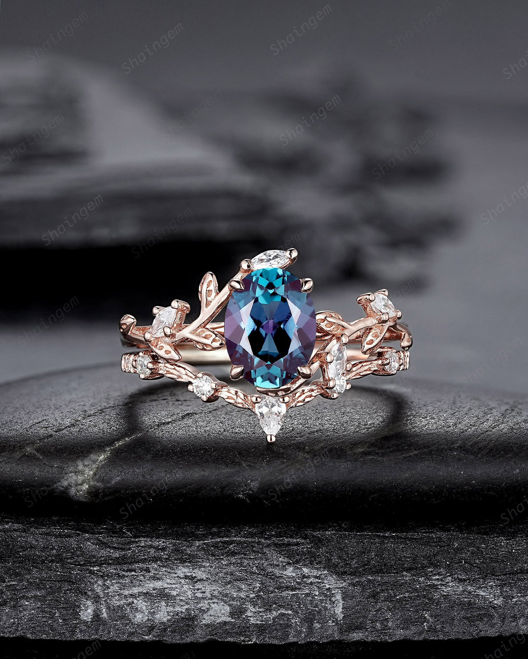 Nature Inspired Alexandrite Leaf Engagement Ring Set, Oval Cut June Birthstone Rose Gold Wedding Set Twig Branch Bridal Set Anniversary Ring - ShainJewelry