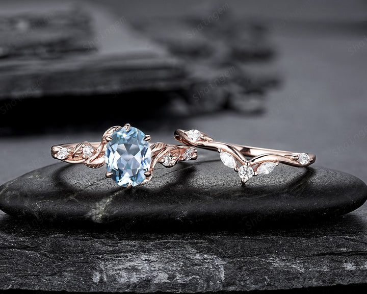 Nature Inspired Blue Aquamarine and Diamond Engagement Ring, Oval Shape Aquamarine Rose Gold Leaf Moissanite Promise Ring, Twig Branch Ring - ShainJewelry