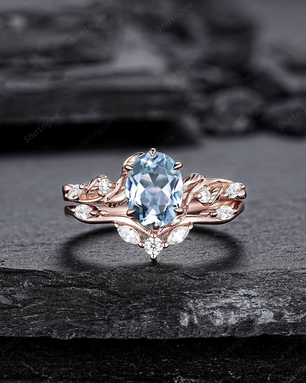 Nature Inspired Blue Aquamarine and Diamond Engagement Ring, Oval Shape Aquamarine Rose Gold Leaf Moissanite Promise Ring, Twig Branch Ring - ShainJewelry