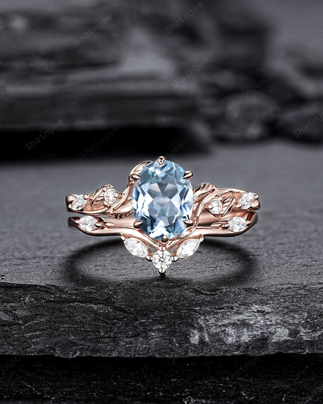 Nature Inspired Blue Aquamarine and Diamond Engagement Ring, Oval Shape Aquamarine Rose Gold Leaf Moissanite Promise Ring, Twig Branch Ring - ShainJewelry