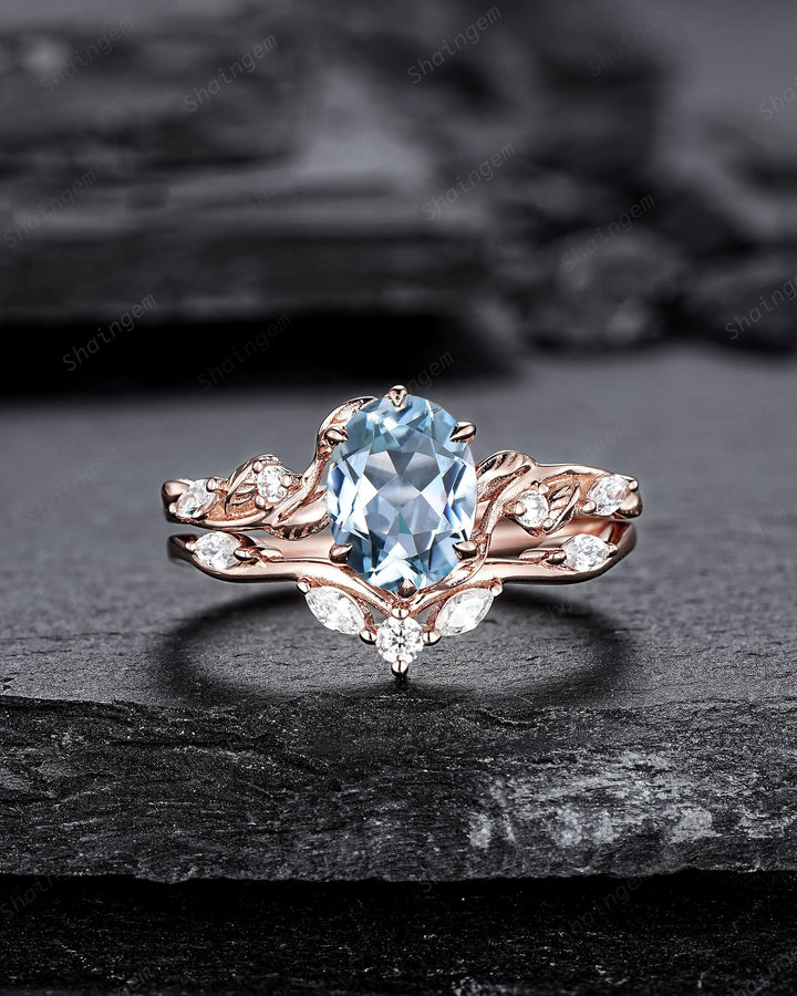 Nature Inspired Blue Aquamarine and Diamond Engagement Ring, Oval Shape Aquamarine Rose Gold Leaf Moissanite Promise Ring, Twig Branch Ring - ShainJewelry