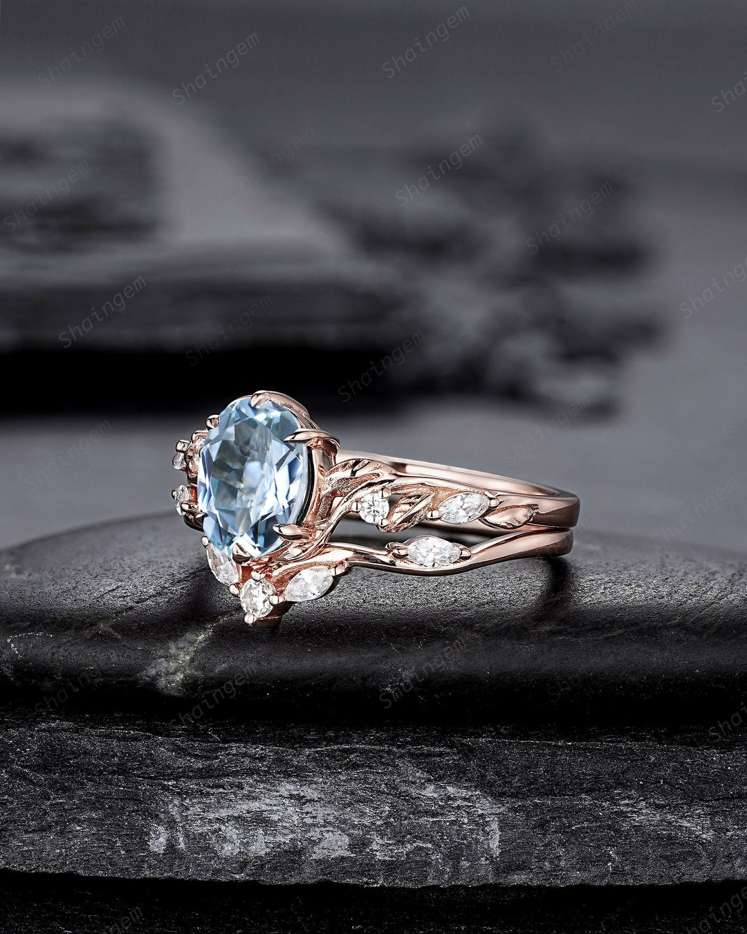 Nature Inspired Blue Aquamarine and Diamond Engagement Ring, Oval Shape Aquamarine Rose Gold Leaf Moissanite Promise Ring, Twig Branch Ring - ShainJewelry