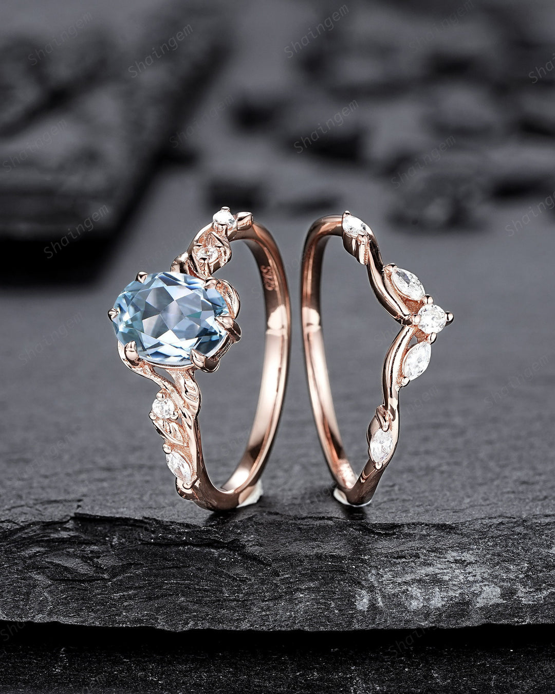 Nature Inspired Blue Aquamarine and Diamond Engagement Ring, Oval Shape Aquamarine Rose Gold Leaf Moissanite Promise Ring, Twig Branch Ring - ShainJewelry