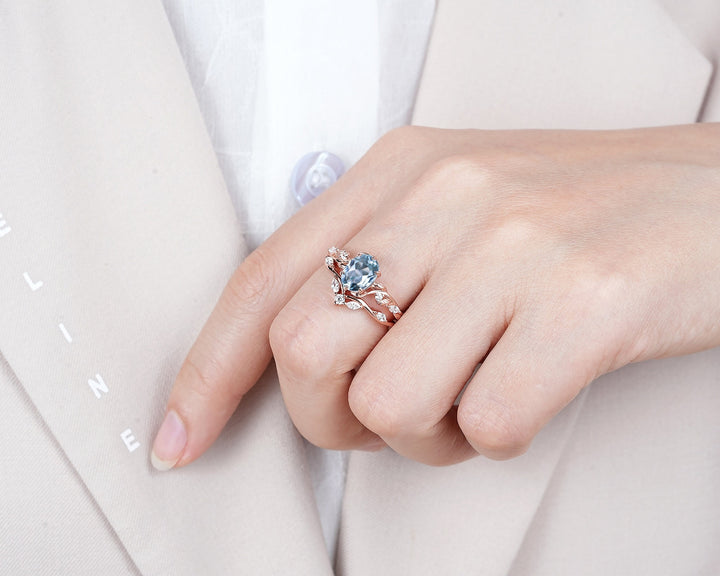 Nature Inspired Blue Aquamarine and Diamond Engagement Ring, Oval Shape Aquamarine Rose Gold Leaf Moissanite Promise Ring, Twig Branch Ring - ShainJewelry