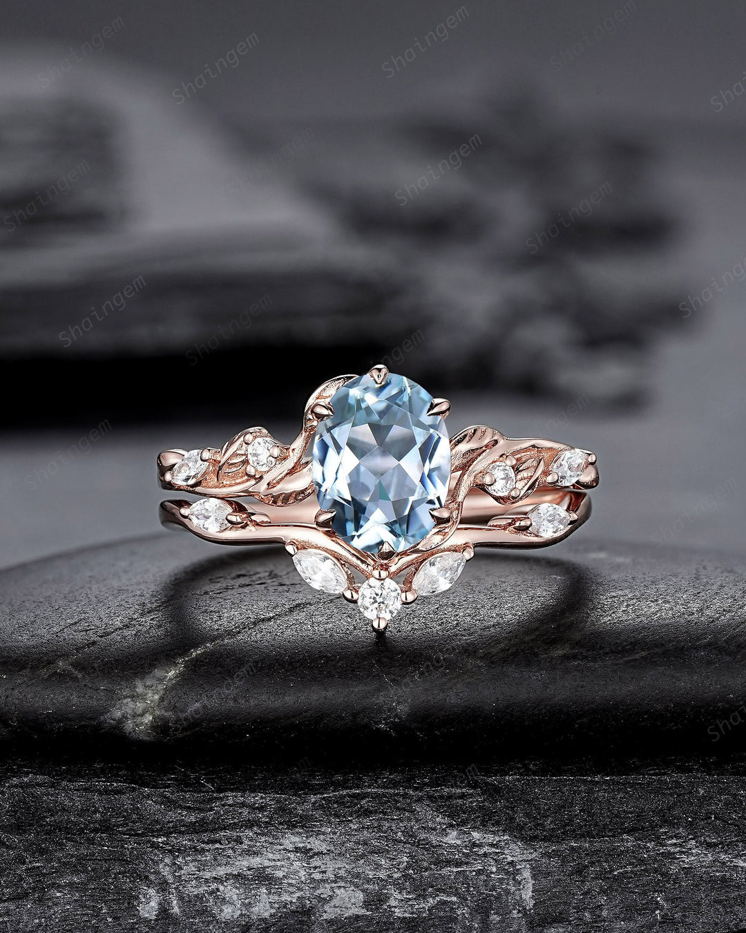 Nature Inspired Blue Aquamarine and Diamond Engagement Ring, Oval Shape Aquamarine Rose Gold Leaf Moissanite Promise Ring, Twig Branch Ring - ShainJewelry