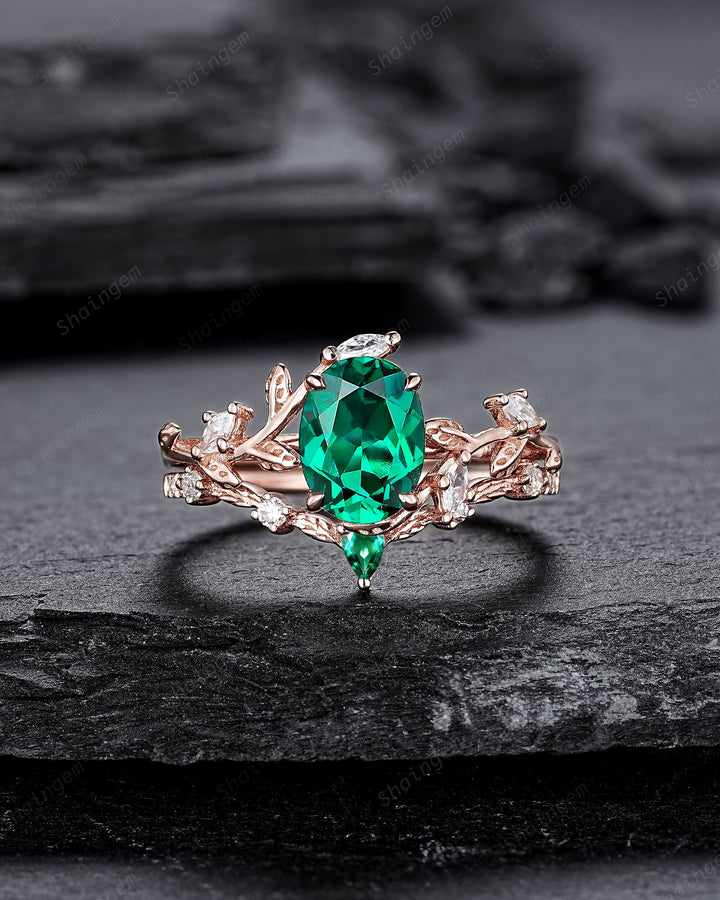 Nature Inspired Emerald Leaf Engagement Ring Set, Rose Gold Oval Shape Emerald Vine Wedding Set, Twig Branch Promise Ring, May Birthstone - ShainJewelry