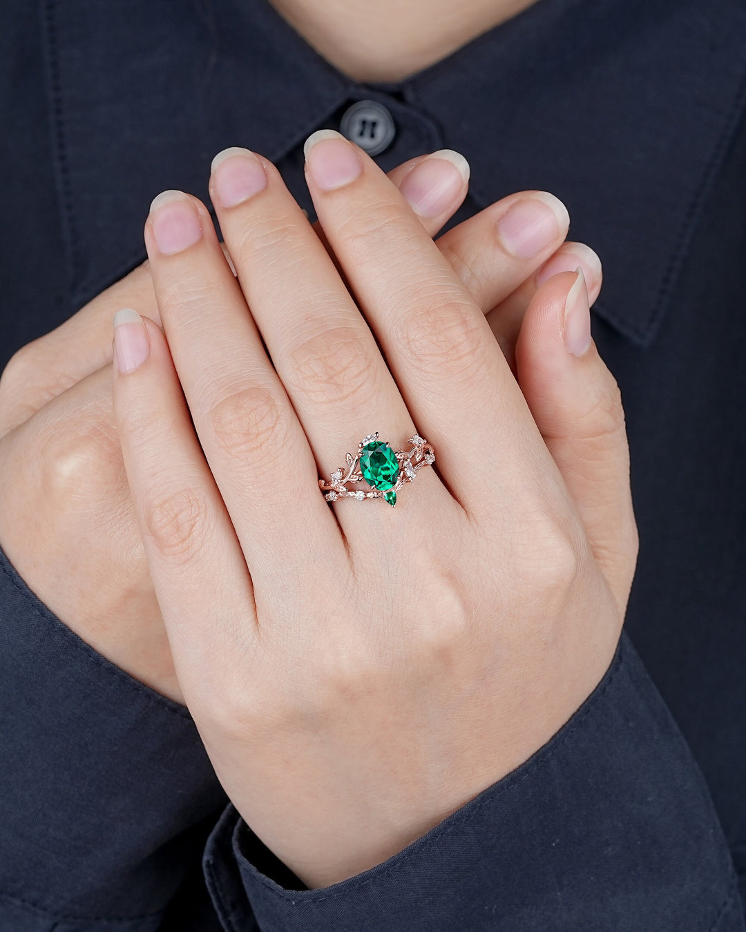 Nature Inspired Emerald Leaf Engagement Ring Set, Rose Gold Oval Shape Emerald Vine Wedding Set, Twig Branch Promise Ring, May Birthstone - ShainJewelry