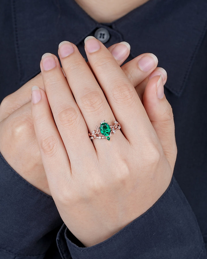 Nature Inspired Emerald Leaf Engagement Ring Set, Rose Gold Oval Shape Emerald Vine Wedding Set, Twig Branch Promise Ring, May Birthstone - ShainJewelry