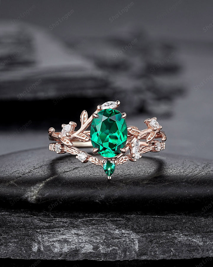 Nature Inspired Emerald Leaf Engagement Ring Set, Rose Gold Oval Shape Emerald Vine Wedding Set, Twig Branch Promise Ring, May Birthstone - ShainJewelry