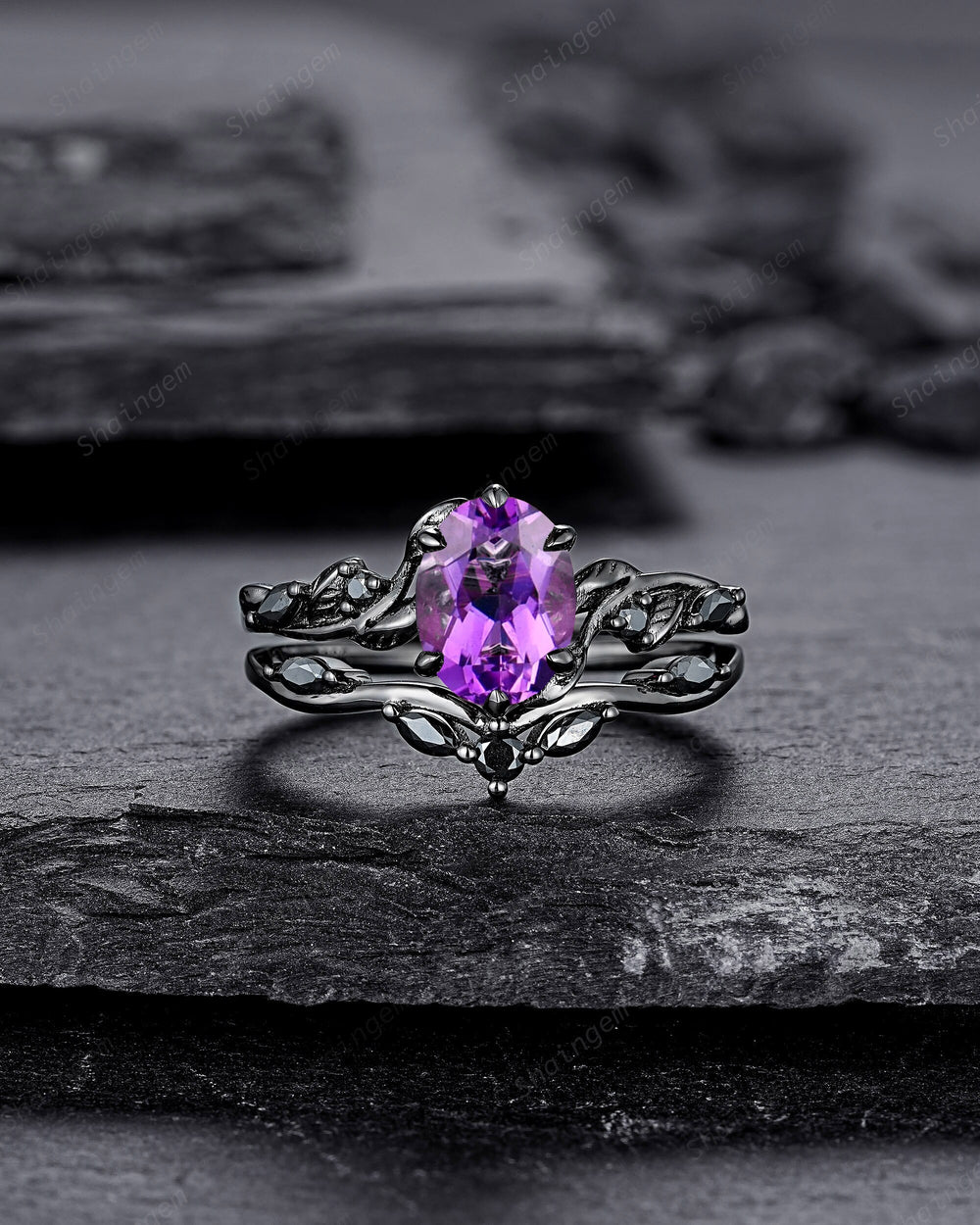 Gothic Oval Shape Amethyst Black Vine Engagement Ring Set, Black Gold Leaf Promise Ring Set, Rhodium Black Moissanite Twig Branch Ring Gift - ShainJewelry