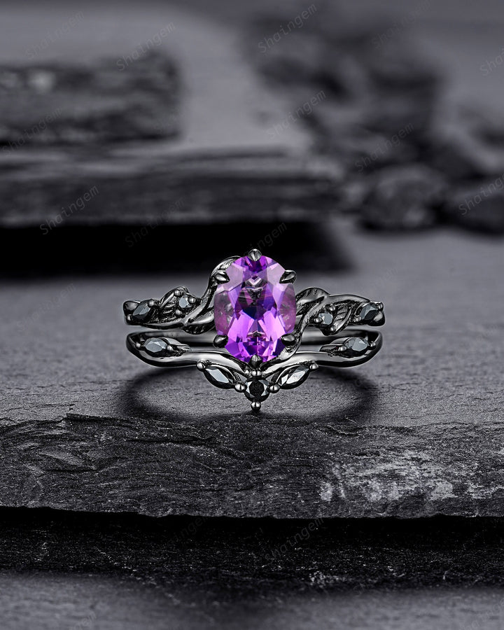 Gothic Oval Shape Amethyst Black Vine Engagement Ring Set, Black Gold Leaf Promise Ring Set, Rhodium Black Moissanite Twig Branch Ring Gift - ShainJewelry