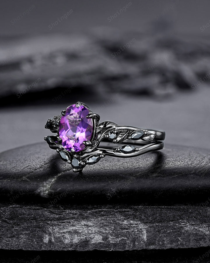 Gothic Oval Shape Amethyst Black Vine Engagement Ring Set, Black Gold Leaf Promise Ring Set, Rhodium Black Moissanite Twig Branch Ring Gift - ShainJewelry