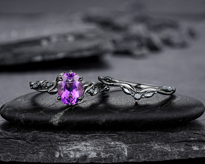 Gothic Oval Shape Amethyst Black Vine Engagement Ring Set, Black Gold Leaf Promise Ring Set, Rhodium Black Moissanite Twig Branch Ring Gift - ShainJewelry