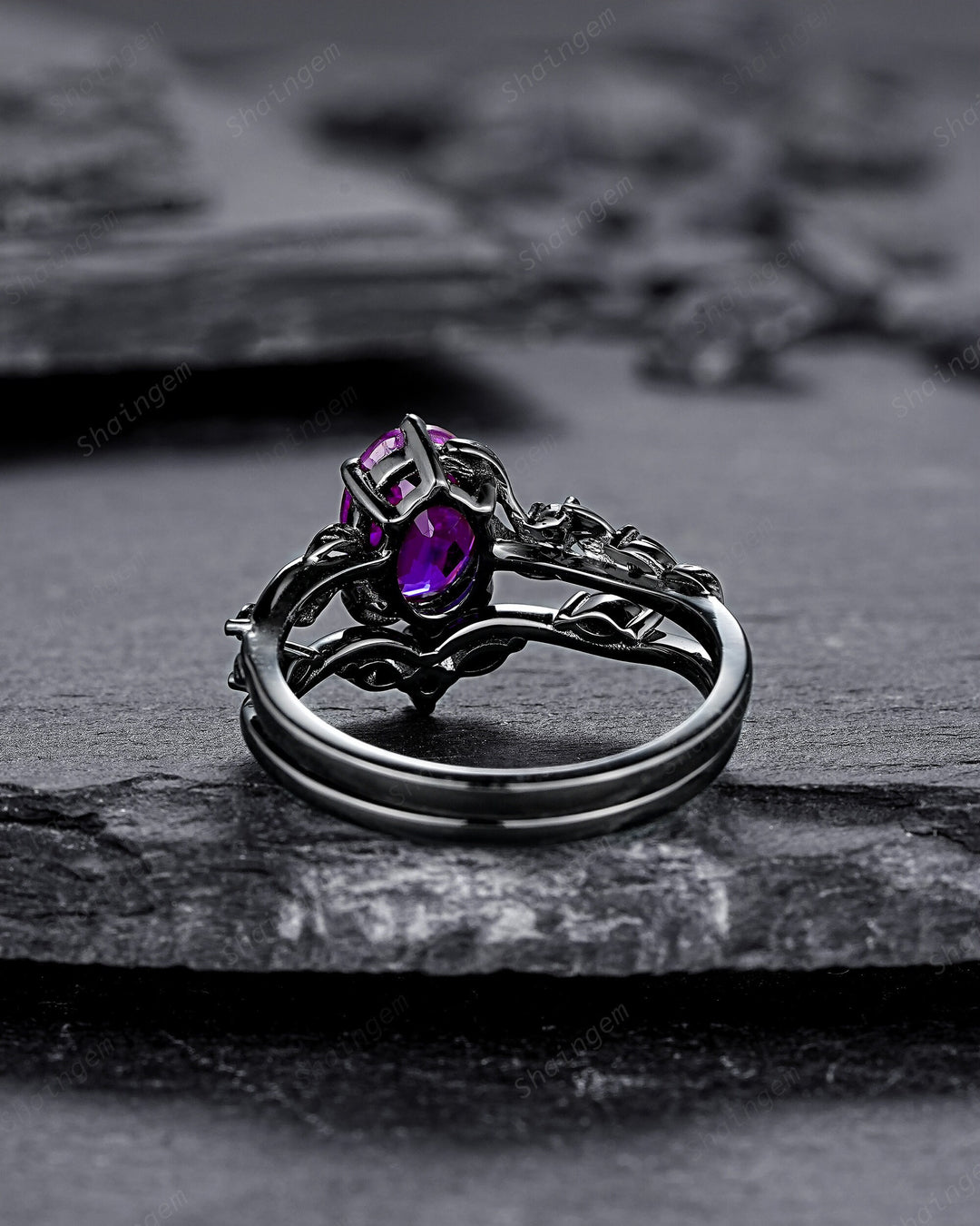 Gothic Oval Shape Amethyst Black Vine Engagement Ring Set, Black Gold Leaf Promise Ring Set, Rhodium Black Moissanite Twig Branch Ring Gift - ShainJewelry