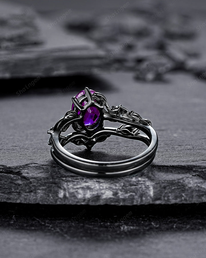 Gothic Oval Shape Amethyst Black Vine Engagement Ring Set, Black Gold Leaf Promise Ring Set, Rhodium Black Moissanite Twig Branch Ring Gift - ShainJewelry