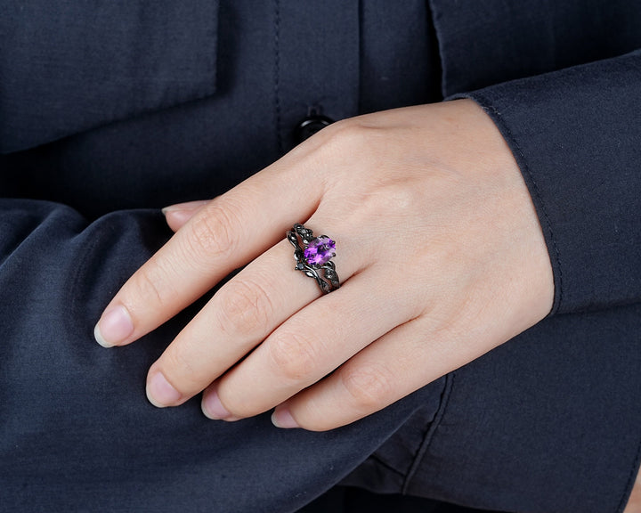 Gothic Oval Shape Amethyst Black Vine Engagement Ring Set, Black Gold Leaf Promise Ring Set, Rhodium Black Moissanite Twig Branch Ring Gift - ShainJewelry