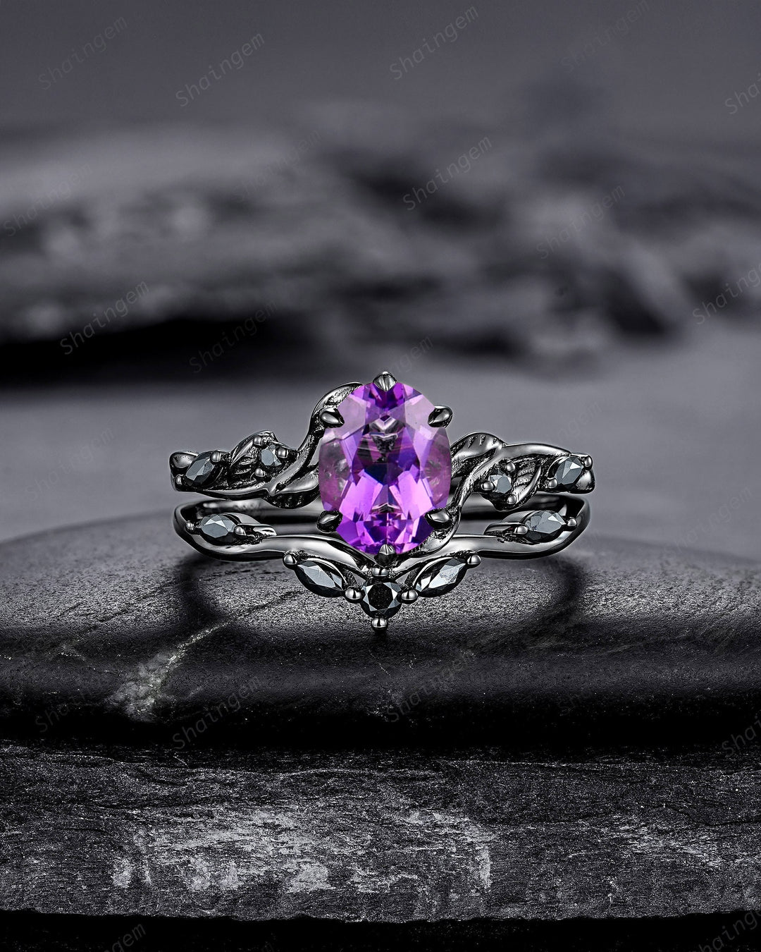 Gothic Oval Shape Amethyst Black Vine Engagement Ring Set, Black Gold Leaf Promise Ring Set, Rhodium Black Moissanite Twig Branch Ring Gift - ShainJewelry