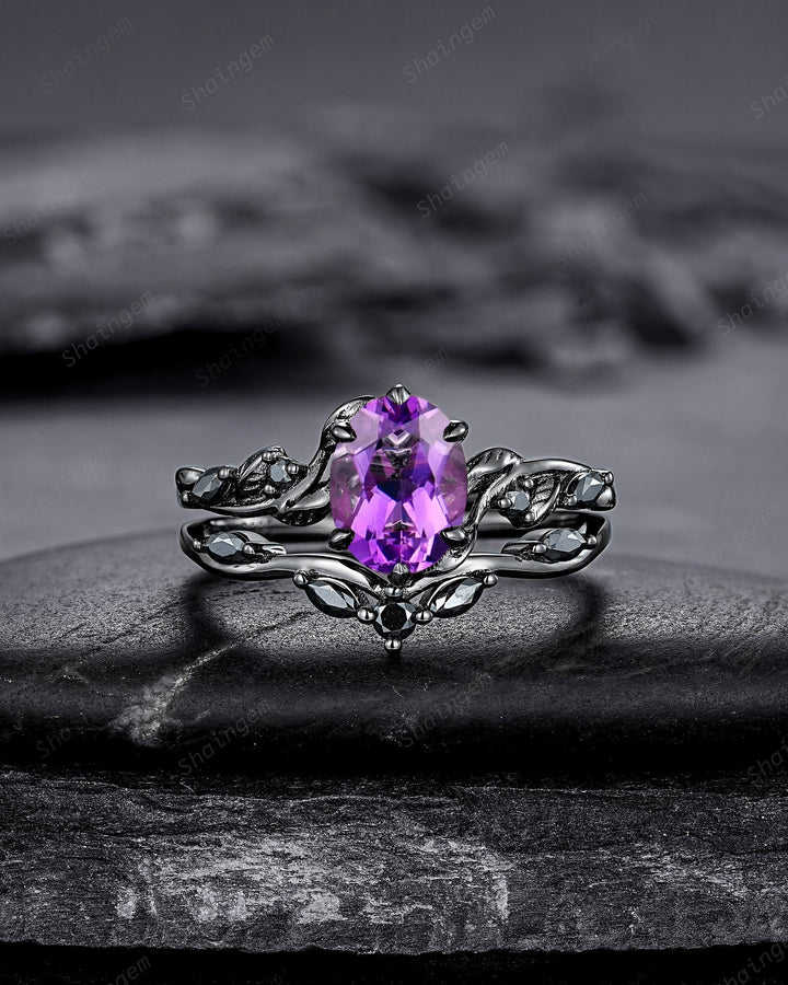 Gothic Oval Shape Amethyst Black Vine Engagement Ring Set, Black Gold Leaf Promise Ring Set, Rhodium Black Moissanite Twig Branch Ring Gift - ShainJewelry