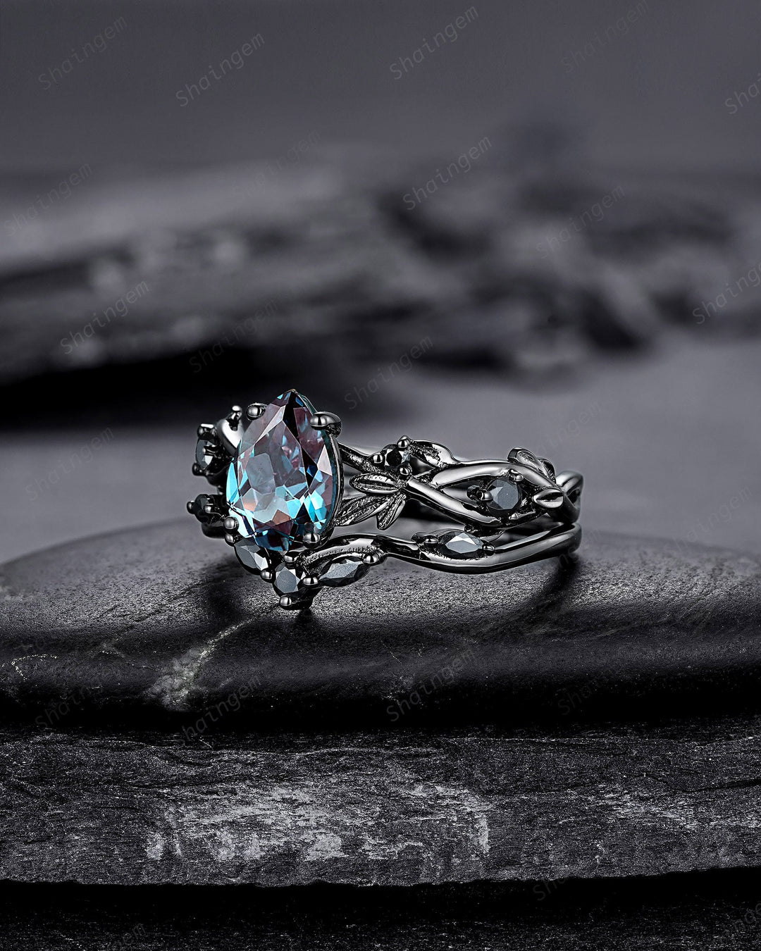 Gothic Black Gold Pear Shape Alexandrite Leaf Engagement Ring Set, Black Vine Promise Ring, Unique Rhodium Black Witchy Twig Branch Ring - ShainJewelry