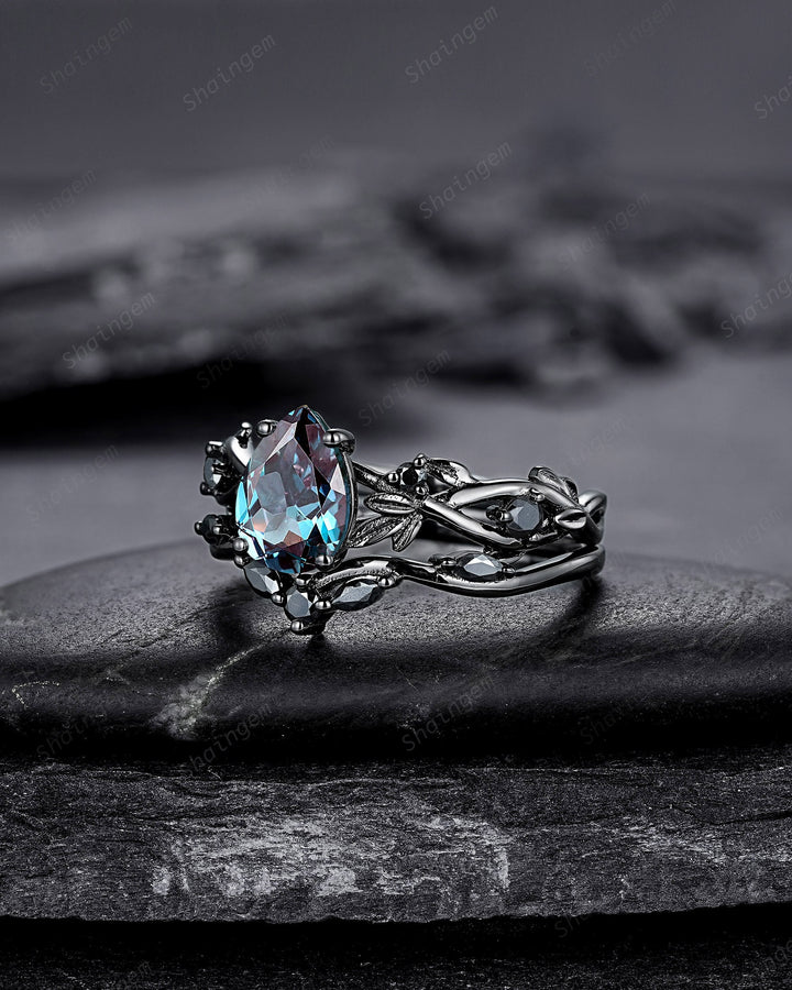 Gothic Black Gold Pear Shape Alexandrite Leaf Engagement Ring Set, Black Vine Promise Ring, Unique Rhodium Black Witchy Twig Branch Ring - ShainJewelry