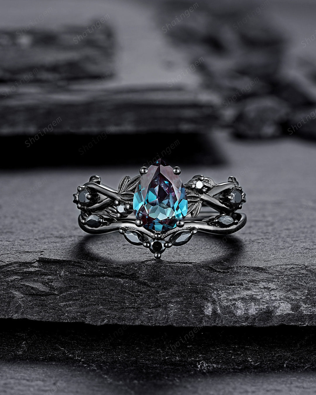 Gothic Black Gold Pear Shape Alexandrite Leaf Engagement Ring Set, Black Vine Promise Ring, Unique Rhodium Black Witchy Twig Branch Ring - ShainJewelry