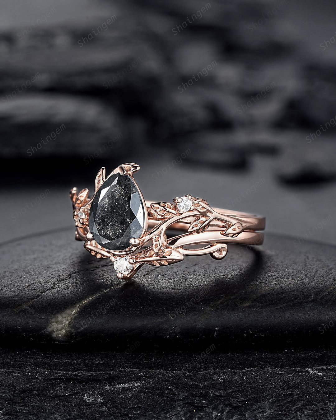 Pear Shape Natural Salt and Pepper Diamond Vine Engagement Ring Set, Rose Gold Black Diamond Twig Branch Promise Ring, Leaf Annivesary Ring - ShainJewelry
