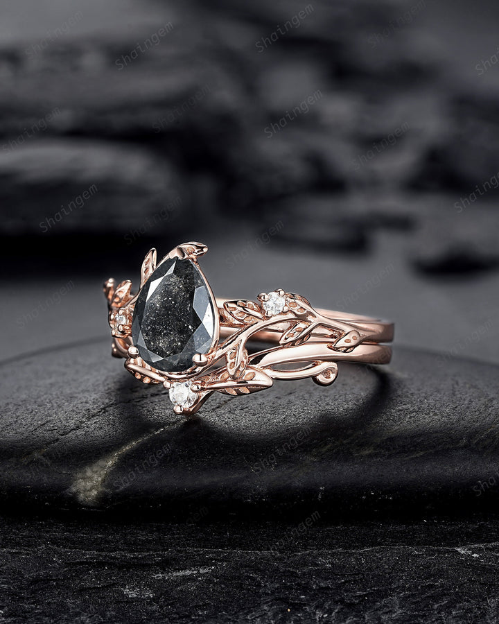 Pear Shape Natural Salt and Pepper Diamond Vine Engagement Ring Set, Rose Gold Black Diamond Twig Branch Promise Ring, Leaf Annivesary Ring - ShainJewelry
