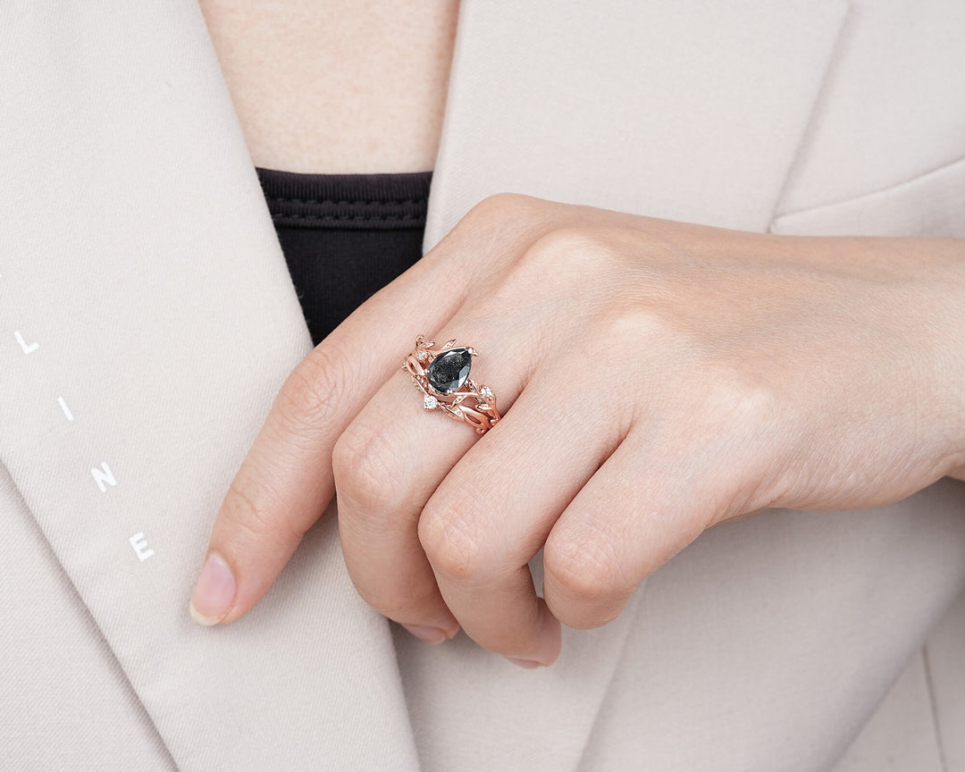 Pear Shape Natural Salt and Pepper Diamond Vine Engagement Ring Set, Rose Gold Black Diamond Twig Branch Promise Ring, Leaf Annivesary Ring - ShainJewelry