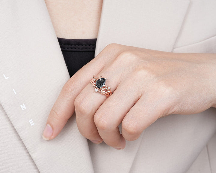 Pear Shape Natural Salt and Pepper Diamond Vine Engagement Ring Set, Rose Gold Black Diamond Twig Branch Promise Ring, Leaf Annivesary Ring - ShainJewelry