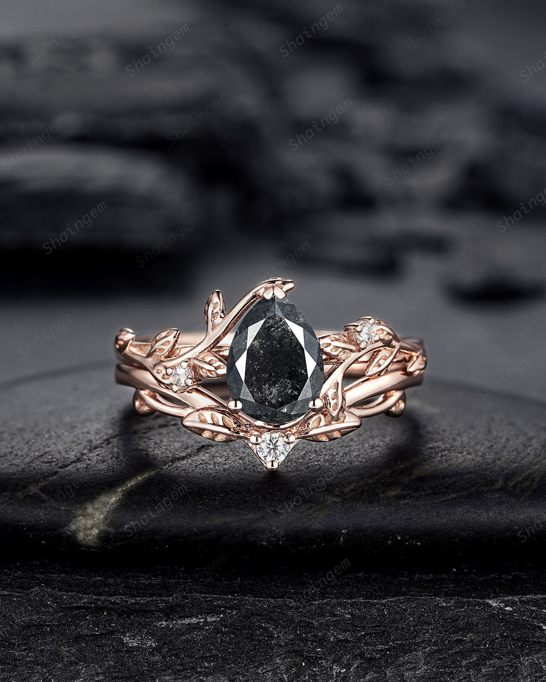 Pear Shape Natural Salt and Pepper Diamond Vine Engagement Ring Set, Rose Gold Black Diamond Twig Branch Promise Ring, Leaf Annivesary Ring - ShainJewelry