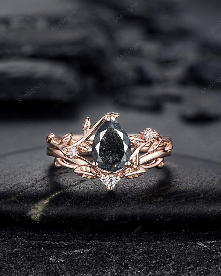 Pear Shape Natural Salt and Pepper Diamond Vine Engagement Ring Set, Rose Gold Black Diamond Twig Branch Promise Ring, Leaf Annivesary Ring - ShainJewelry