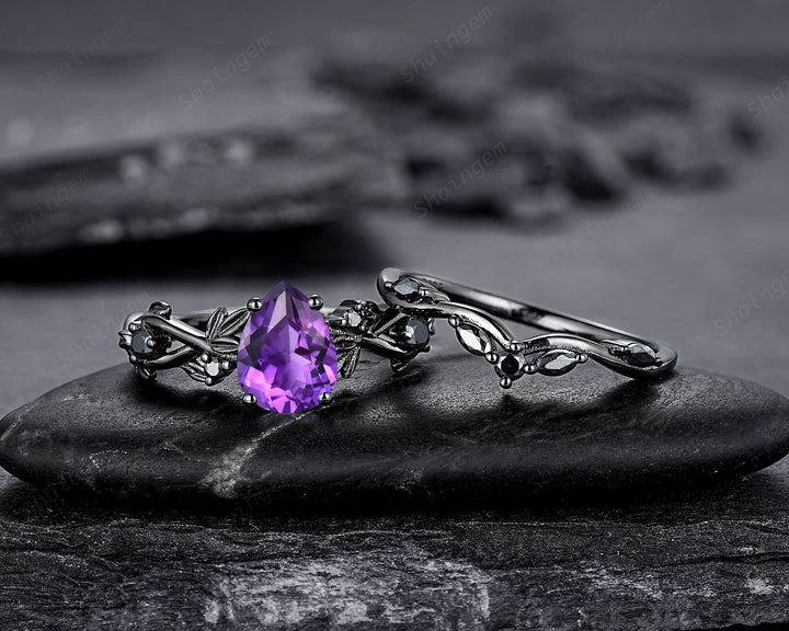 Gothic Pear Cut Amethyst Black Leaf Engagement Ring Set, Black Gold Vine Promise Ring, Rhodium Black Twig Branch Wedding Ring Bridal Set - ShainJewelry