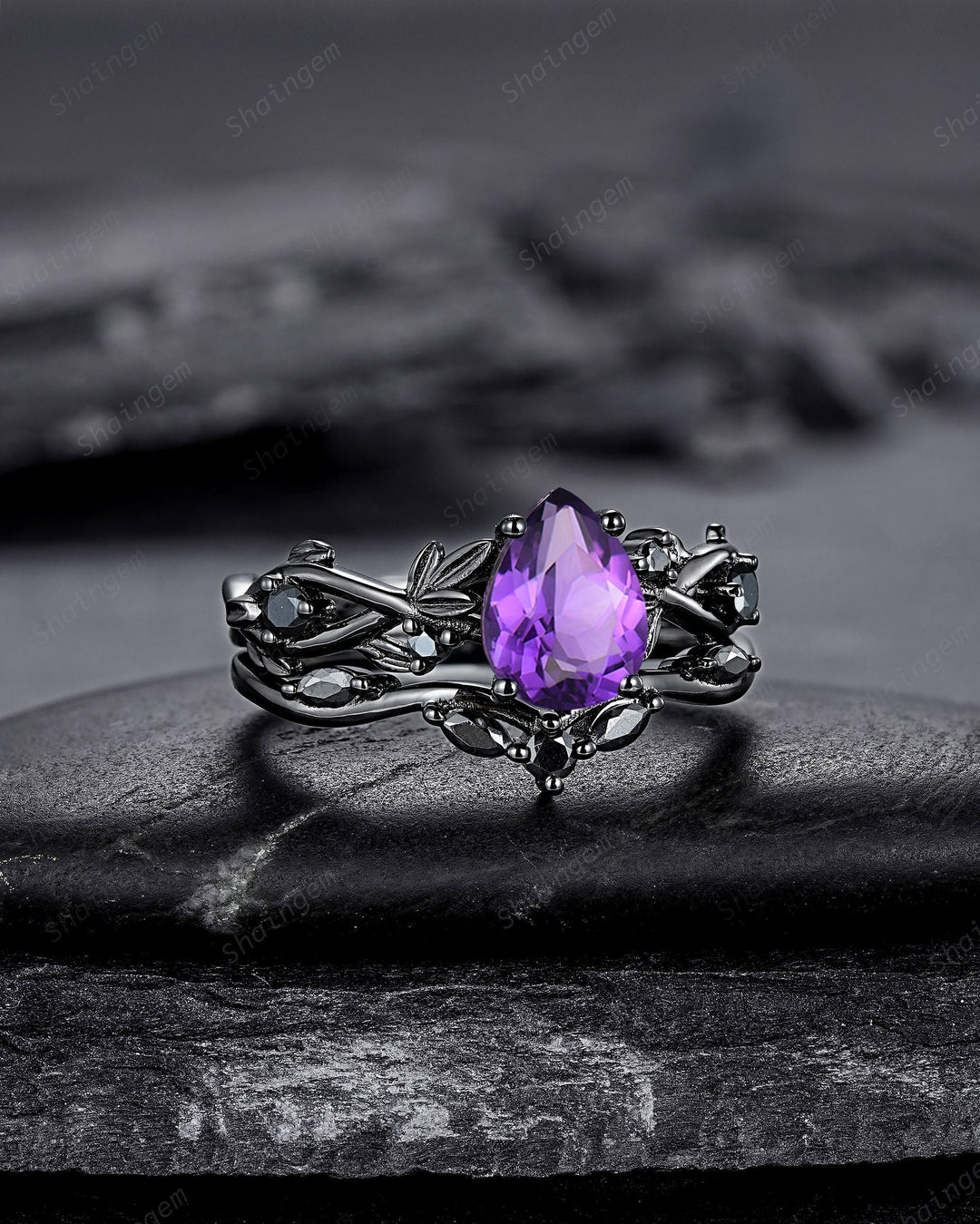 Gothic Pear Cut Amethyst Black Leaf Engagement Ring Set, Black Gold Vine Promise Ring, Rhodium Black Twig Branch Wedding Ring Bridal Set - ShainJewelry