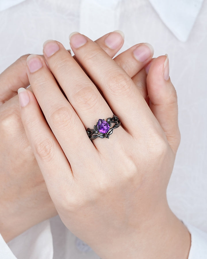 Gothic Pear Cut Amethyst Black Leaf Engagement Ring Set, Black Gold Vine Promise Ring, Rhodium Black Twig Branch Wedding Ring Bridal Set - ShainJewelry
