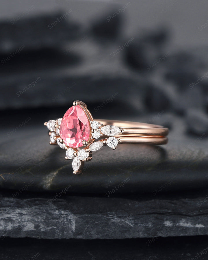 Pear Cut Padparadscha Pink Sapphire and Diamond Bridal Set, Sapphire Engagement Ring Set, Rose Gold Promise Ring Wedding Ring Set for Women - ShainJewelry