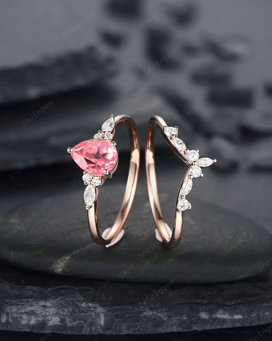 Pear Cut Padparadscha Pink Sapphire and Diamond Bridal Set, Sapphire Engagement Ring Set, Rose Gold Promise Ring Wedding Ring Set for Women - ShainJewelry