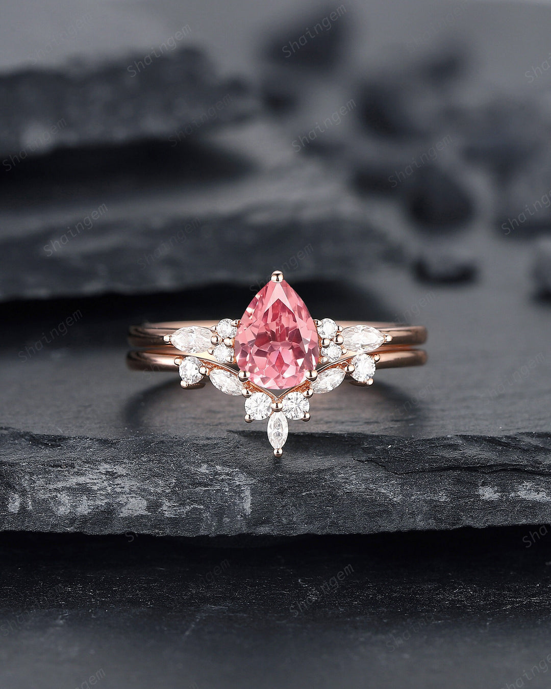 Pear Cut Padparadscha Pink Sapphire and Diamond Bridal Set, Sapphire Engagement Ring Set, Rose Gold Promise Ring Wedding Ring Set for Women - ShainJewelry