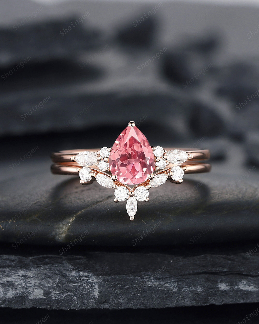 Pear Cut Padparadscha Pink Sapphire and Diamond Bridal Set, Sapphire Engagement Ring Set, Rose Gold Promise Ring Wedding Ring Set for Women - ShainJewelry