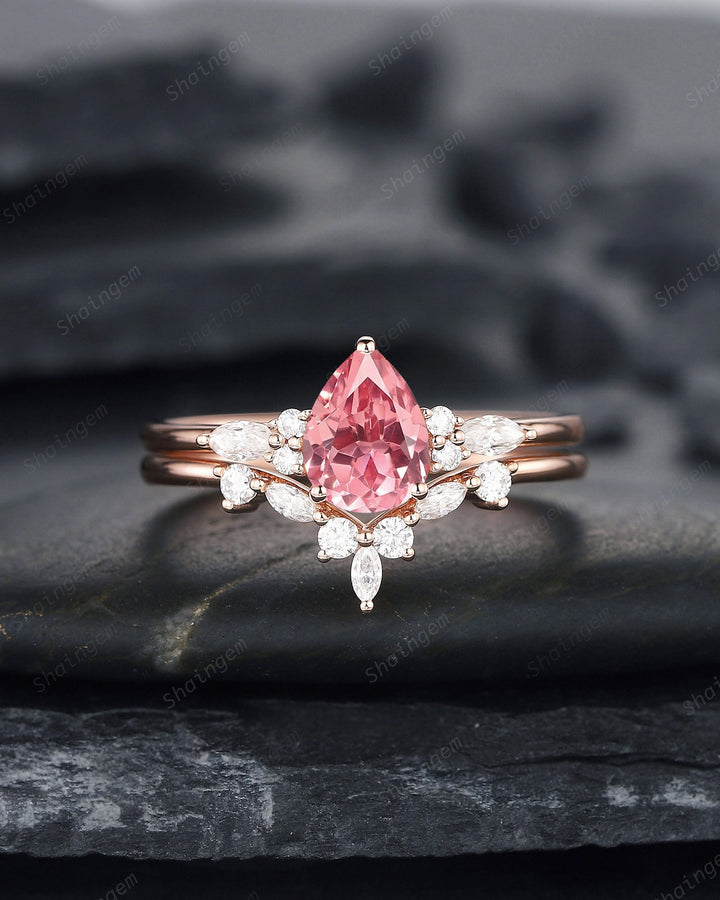 Pear Cut Padparadscha Pink Sapphire and Diamond Bridal Set, Sapphire Engagement Ring Set, Rose Gold Promise Ring Wedding Ring Set for Women - ShainJewelry