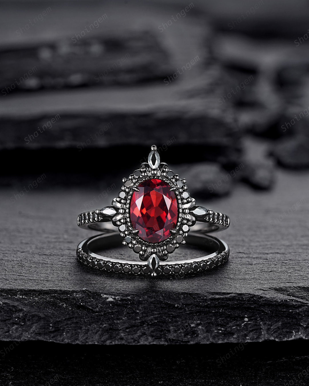 Gothic Oval Shape Rhodolite Garnet Halo Engagement Ring, Rhodium Black PeekaBoo Setting Promise Ring, Unique Half Eternity Dark Wedding Ring - ShainJewelry