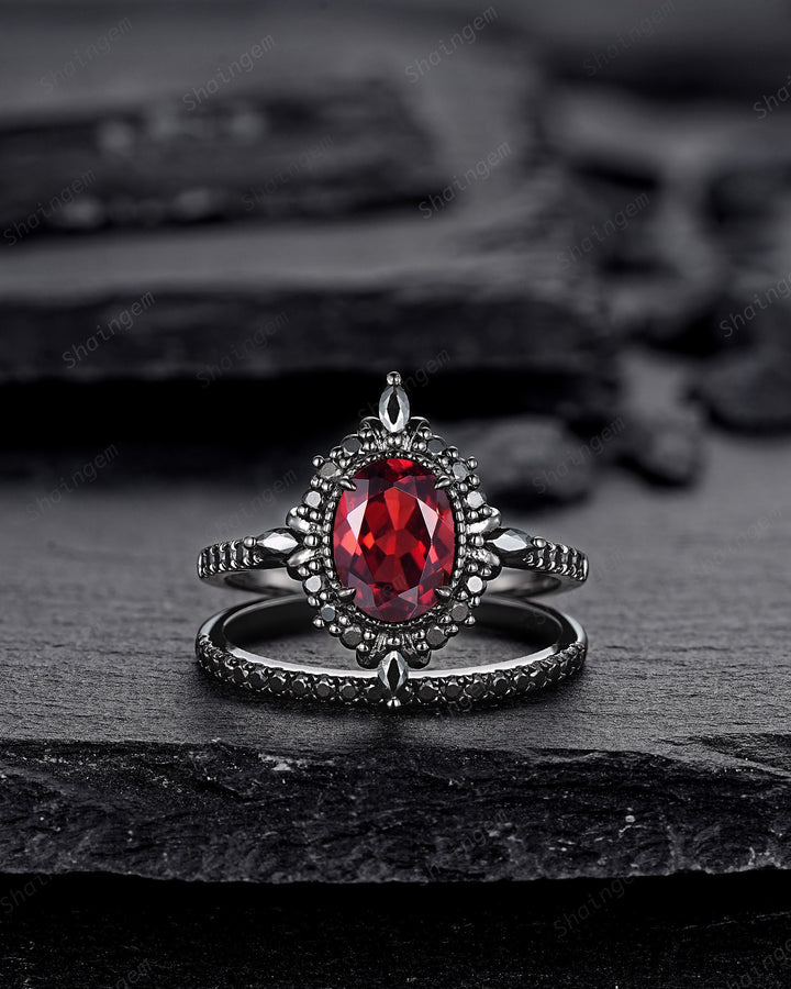 Gothic Oval Shape Rhodolite Garnet Halo Engagement Ring, Rhodium Black PeekaBoo Setting Promise Ring, Unique Half Eternity Dark Wedding Ring - ShainJewelry