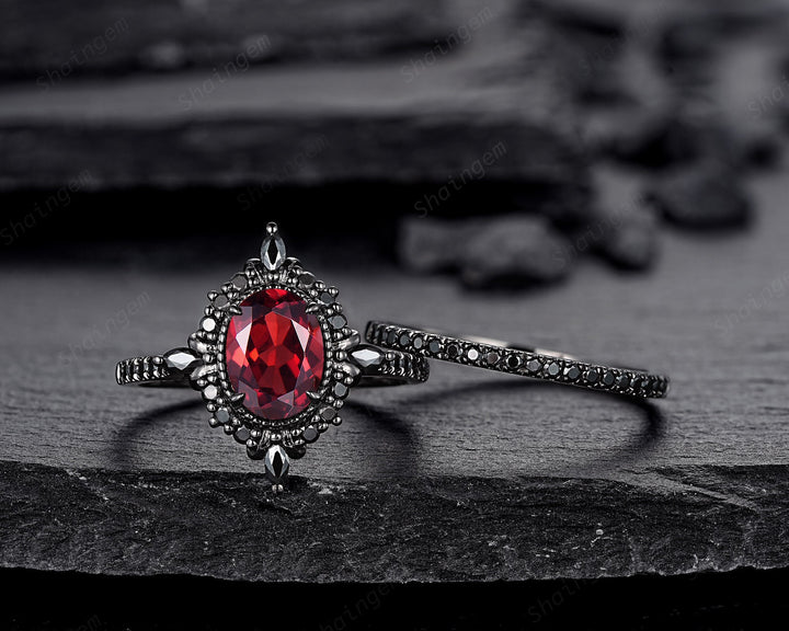 Gothic Oval Shape Rhodolite Garnet Halo Engagement Ring, Rhodium Black PeekaBoo Setting Promise Ring, Unique Half Eternity Dark Wedding Ring - ShainJewelry