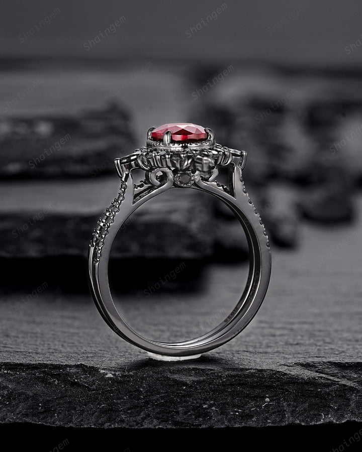 Gothic Oval Shape Rhodolite Garnet Halo Engagement Ring, Rhodium Black PeekaBoo Setting Promise Ring, Unique Half Eternity Dark Wedding Ring - ShainJewelry