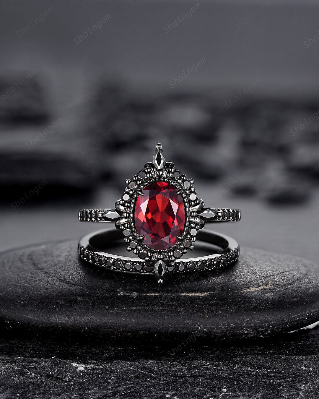 Gothic Oval Shape Rhodolite Garnet Halo Engagement Ring, Rhodium Black PeekaBoo Setting Promise Ring, Unique Half Eternity Dark Wedding Ring - ShainJewelry