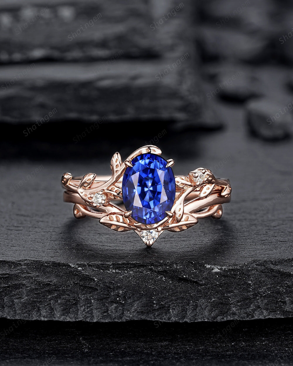 Nature Inspired Natural African Blue Sapphire Leaf Engagement Ring, Oval Shape Sapphire Twig Branch Promise Ring Rose Gold Vine Wedding Ring - ShainJewelry