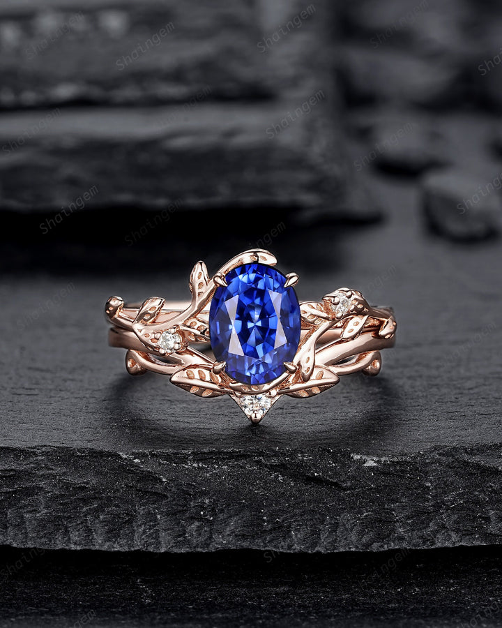 Nature Inspired Natural African Blue Sapphire Leaf Engagement Ring, Oval Shape Sapphire Twig Branch Promise Ring Rose Gold Vine Wedding Ring - ShainJewelry